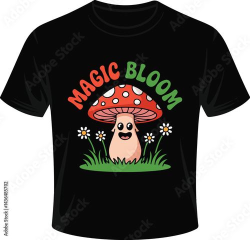 cute magic mushroom t-shirt design, kawaii mushroom graphic tee, smiling mushroom cartoon shirt, nature aesthetic mushroom apparel, psychedelic fungus clothing, happy shroom t-shirt, whimsical fantasy