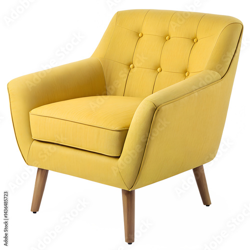 Bright Yellow Armchair with Plush Cushions and Sleek Wooden Legs on White Background

