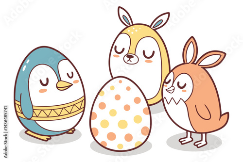 49 Cute egg-shaped animal figurines, Easter-themed characters, Kawaii style, Minimalist design, Pastel colors, Blue penguin, Yellow reindeer, Polka dot owl, Orange deer, White egg, Smooth textures, Si