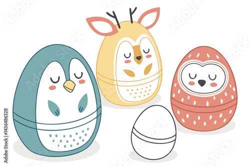 49 Cute egg-shaped animal figurines, Easter-themed characters, Kawaii style, Minimalist design, Pastel colors, Blue penguin, Yellow reindeer, Polka dot owl, Orange deer, White egg, Smooth textures, Si