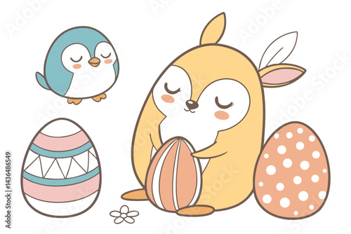 49 Cute egg-shaped animal figurines, Easter-themed characters, Kawaii style, Minimalist design, Pastel colors, Blue penguin, Yellow reindeer, Polka dot owl, Orange deer, White egg, Smooth textures, Si