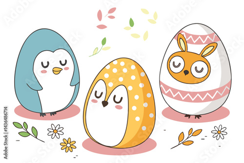 49 Cute egg-shaped animal figurines, Easter-themed characters, Kawaii style, Minimalist design, Pastel colors, Blue penguin, Yellow reindeer, Polka dot owl, Orange deer, White egg, Smooth textures, Si