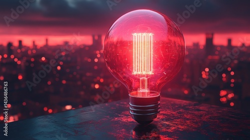 Illuminating Cityscape: A Glowing Red Bulb at Sunset