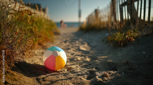Fototapeta Naklejka Na Ścianę i Meble -  Multicolored beach ball rolls gently down golden sandy dune at sunset