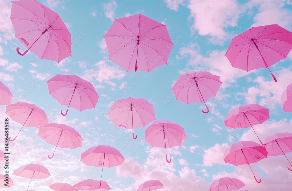 Obraz premium A dreamy, sun-kissed sky is filled with an array of colorful umbrellas drifting languidly amidst light, airy clouds, crafting a charming, idyllic setting that nurtures peacefulness and imaginative