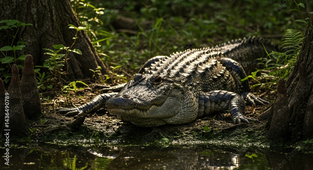 Obraz premium Alligator resting near water's edge in natural habitat scene