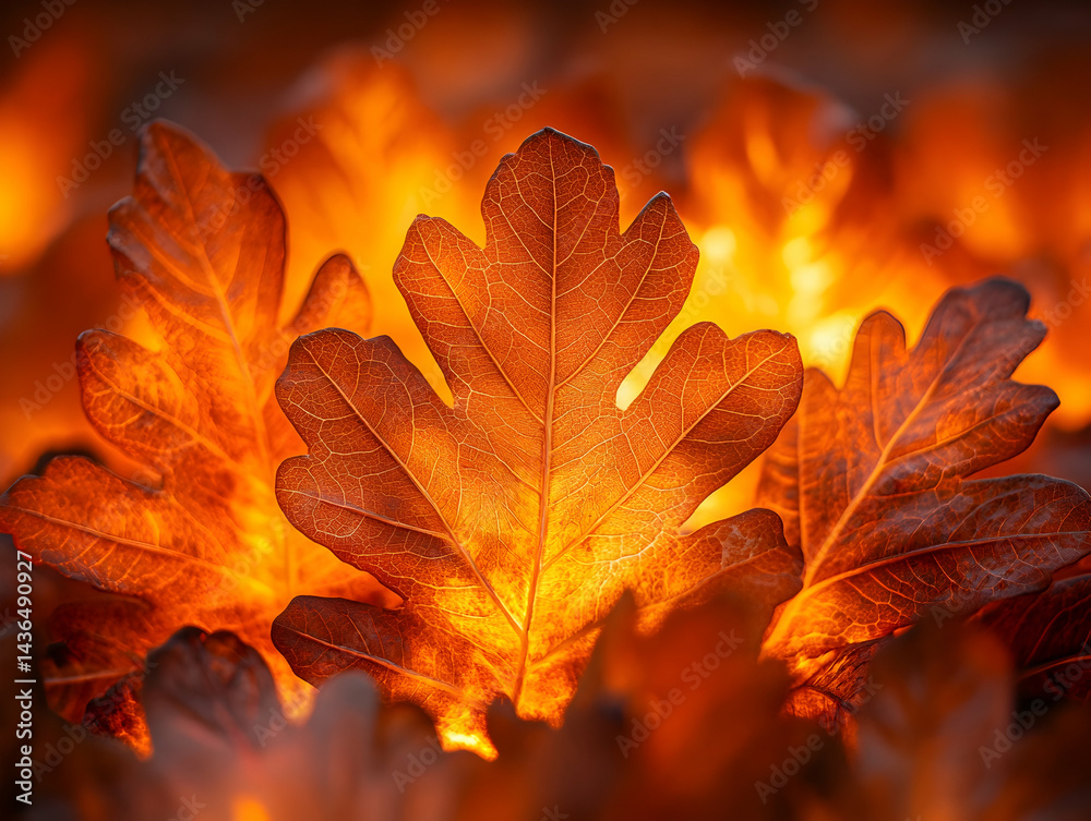 Fototapeta premium Illuminated autumn leaves veins visible warm orange glow