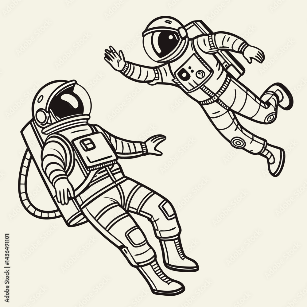 Obraz premium Two Astronauts Floating in Space Line Art Illustration