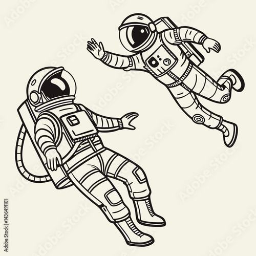 Two Astronauts Floating in Space Line Art Illustration