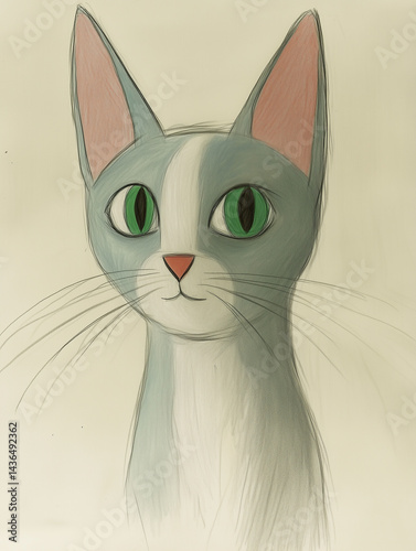 Whimsical Cat Drawing with Big Green Eyes and Upright Ears