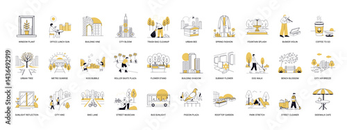 urban spring elements scenes highlighting everyday life activities nature within city setting  collection minimalist line art illustrations