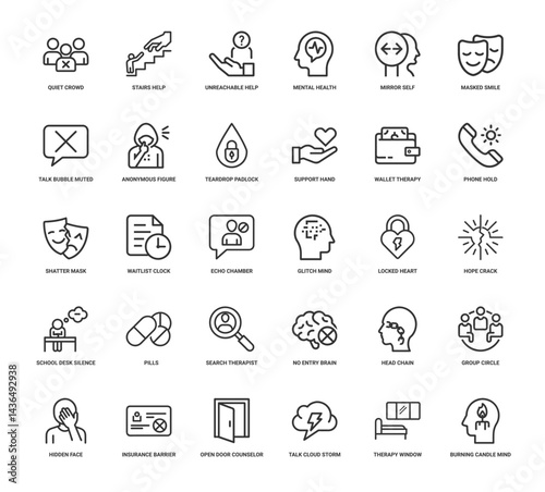 collection line art icons mental health access social stigma, silence masking anonymity isolation