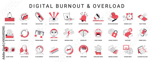 digital burnout overload depicted series illustrations stress exhaustion scenarios technology modern life