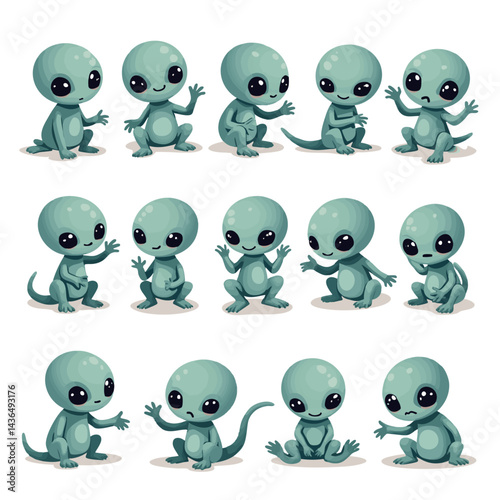 Collection of funny aliens in playful and curious positions. Colors include seafoam green, cobalt blue, and muted silver.