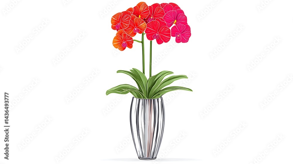 Fototapeta premium Vibrant red and orange orchids in a sleek, silver vase