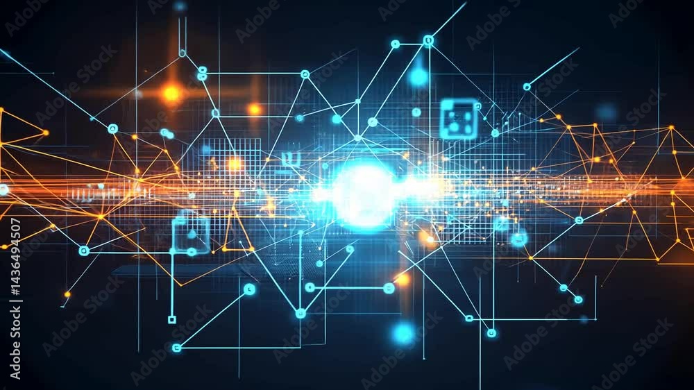 Digital network with glowing nodes and connections; blue and orange color scheme with dynamic lines. A futuristic, data-driven visual Digital network with glowing nodes and connections; blue and orange color scheme with dynamic lines. A futuristic, data-driven visual