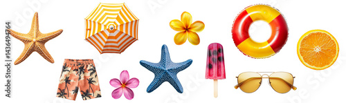 Set of summer beach accessories including starfish, umbrella, float, flowers and sunglasses isolated on transparent background.