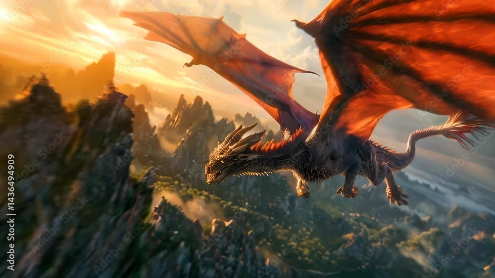 Dragon flying over mountains in warm light of setting sun. Fantasy mythological animal against backdrop of mountainous terrain.
