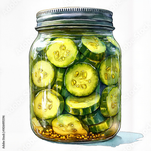 Pickled cucumbers in a glass jar filled with brine  