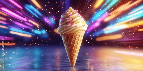 National ice cream day with vanilla sweet idea. Delicious vanilla soft serve cone with colorful light effects.