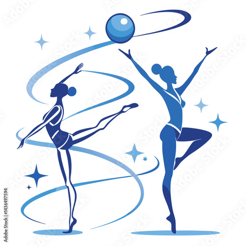 Two Rhythmic Gymnastics Silhouettes with Ball and Abstract Blue Swirls