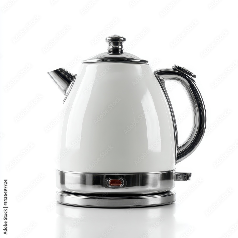 Fototapeta premium A modern electric kettle with a sleek white and silver design, featuring a handle, spout, and a power indicator.