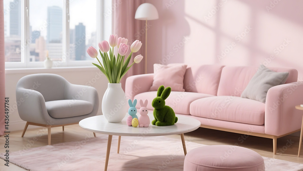 Naklejka premium Cozy Living Room Decorated in Soft Pastel Colors