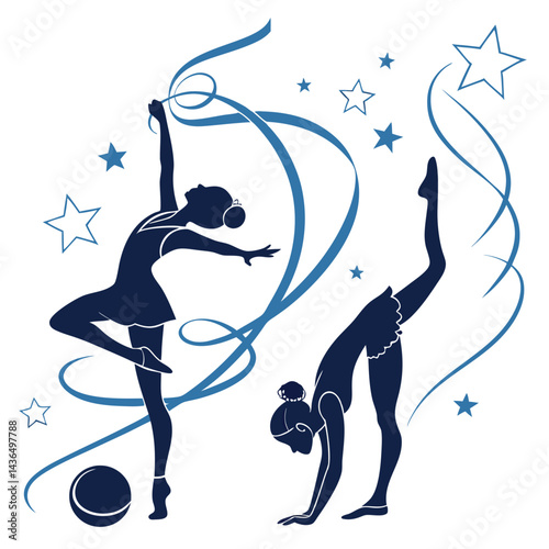 Rhythmic Gymnastics Silhouettes with Ribbons and Stars