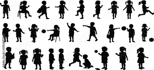 Children silhouette, kid vector set, boy, girl, kids standing, playing, walking,