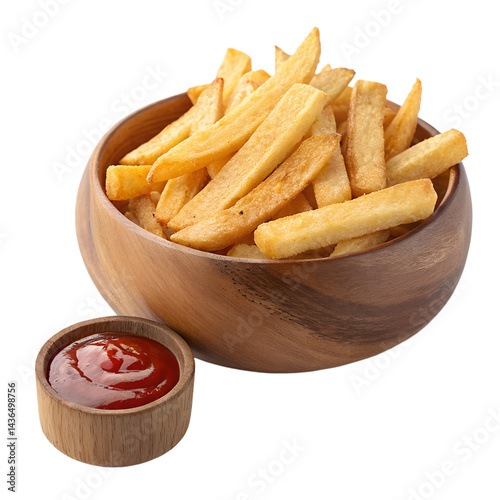 Crispy Golden French Fries in Wooden Bowl with Ketchup Cup on White Background

