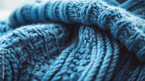 Close-up of cozy blue knitted fabric with textured pattern on soft blurred background.