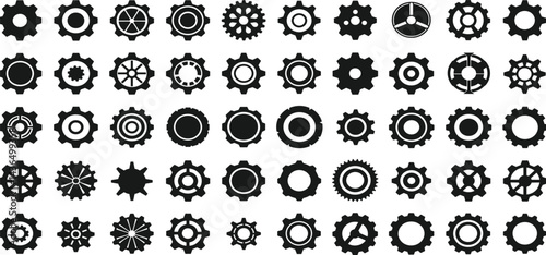 Gear icon vector set, black cogwheel vector collection, mechanical gear shapes, engineering symbols
