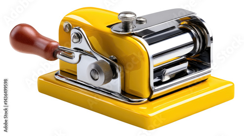 Vintage Perforating Machine: A close-up shot of a vintage, yellow perforating machine, a relic of a bygone era. Featuring intricate mechanical details.