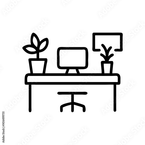 *Simple linear interface icon of office plants and decor in green and white, minimalist workspace wellness design*  