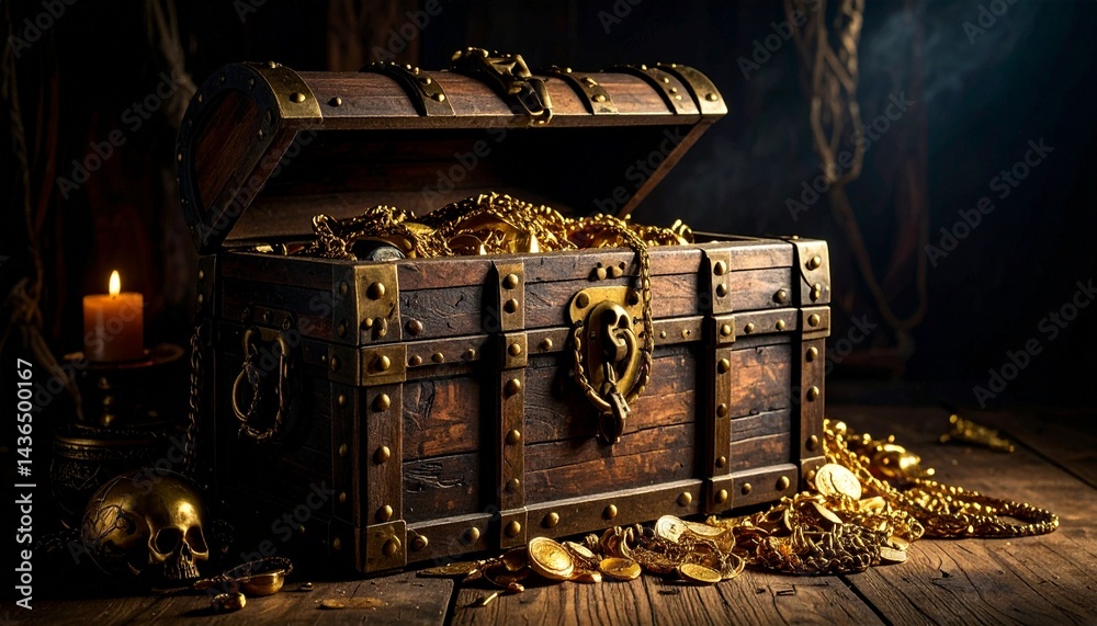 Fototapeta premium Los artefactos dorados y el cofre de madera sugieren un tesoro pirata. La imagen simboliza el peligro, el desafío y el espíritu rebelde de la vida pirata. Fotografía hiperrealista.