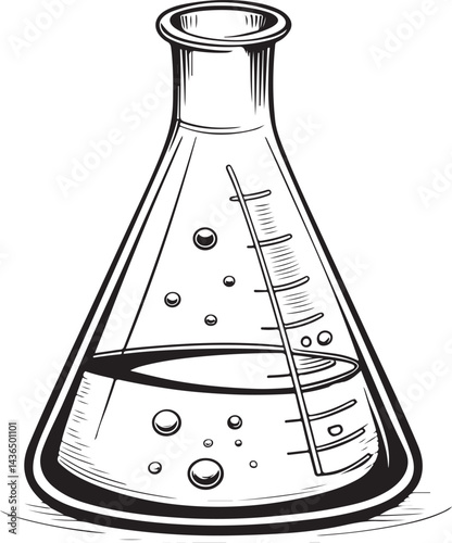 Erlenmeyer flask, Test Tube, Lab or Laboratory, Chemistry and Science, Black and White Vector Illustration, Sketch Drawing Line Linear Symbol Icon Engraving, Hand-drawn Isolated