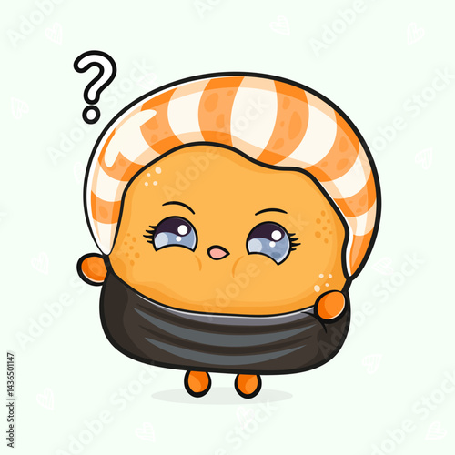 An adorable cartoon Sushi character with a question mark above its head, looking puzzled and cute.