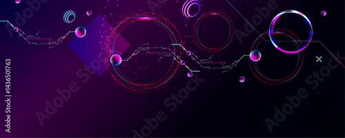 Dark retro futuristic cyberpunk elements abstraction background cosmos synthwave vaporwave retrowave glitch circle with blue and pink glows