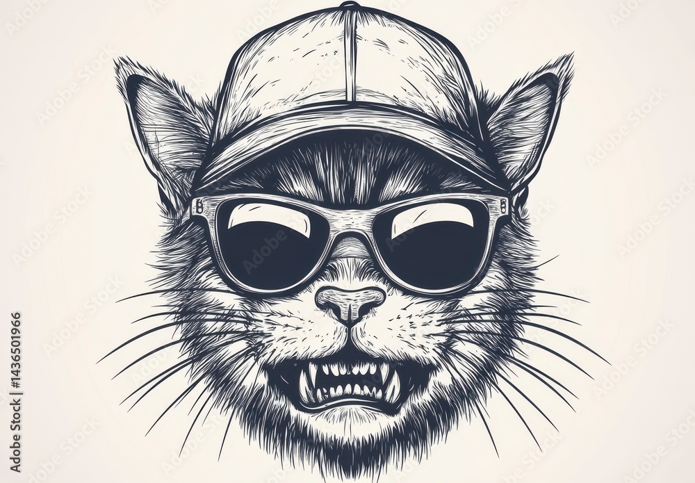 Fototapeta premium Monochrome Illustration of a Cat in Sunglasses and Baseball Cap
