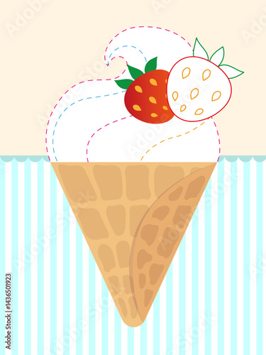 Trace and color. Writing practice. Ice cream with strawberry. Drawing lessons. Preschool education. Kids game. Coloring page
