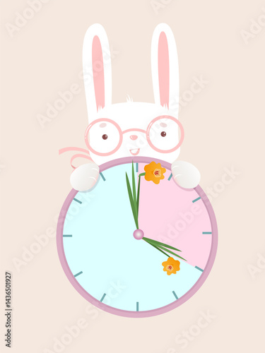 Spring time. Cute white rabbit with clock and flower clock hands. Spring sticker or banner.