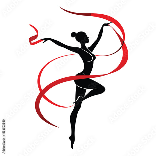 Silhouette of a Rhythmic Gymnast with Red Ribbon
