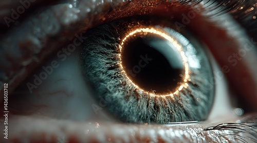 Glowing neon edge around hyper-sharp iris with advanced ophthalmologic imaging