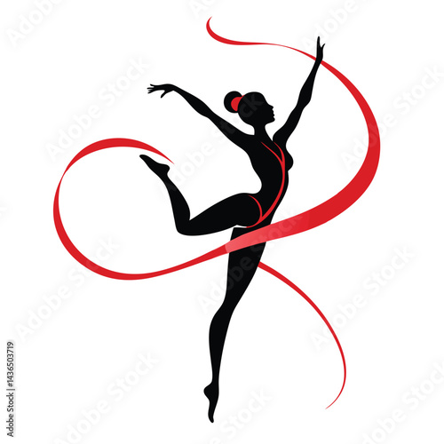 Silhouette of a Rhythmic Gymnast with Red Ribbon