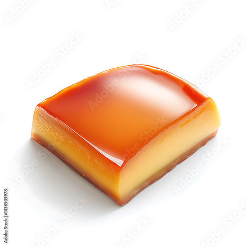 Delicious caramel custard dessert on a white surface, showcasing its smooth texture and sweet allure.