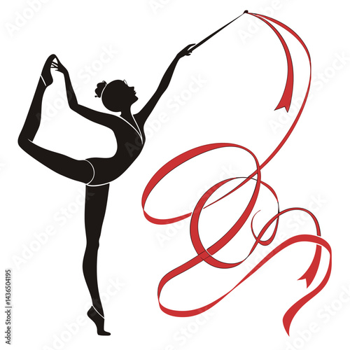 Silhouette of a Rhythmic Gymnast with a Red Ribbon