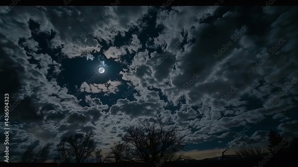 Naklejka premium Nocturnal splendor: A serene celestial dance under a luminous full moon