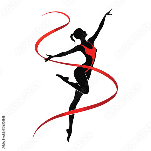 Silhouette of a Rhythmic Gymnast with Red Ribbon