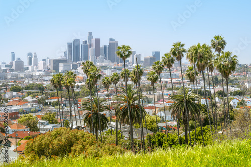 Obraz na płótnie the skyline of los angeles with palm trees w salonie