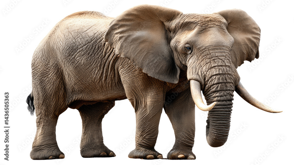 Fototapeta premium Majestic African Elephant: A powerful adult African elephant stands gracefully, showcasing its immense size and remarkable features against an isolated background.